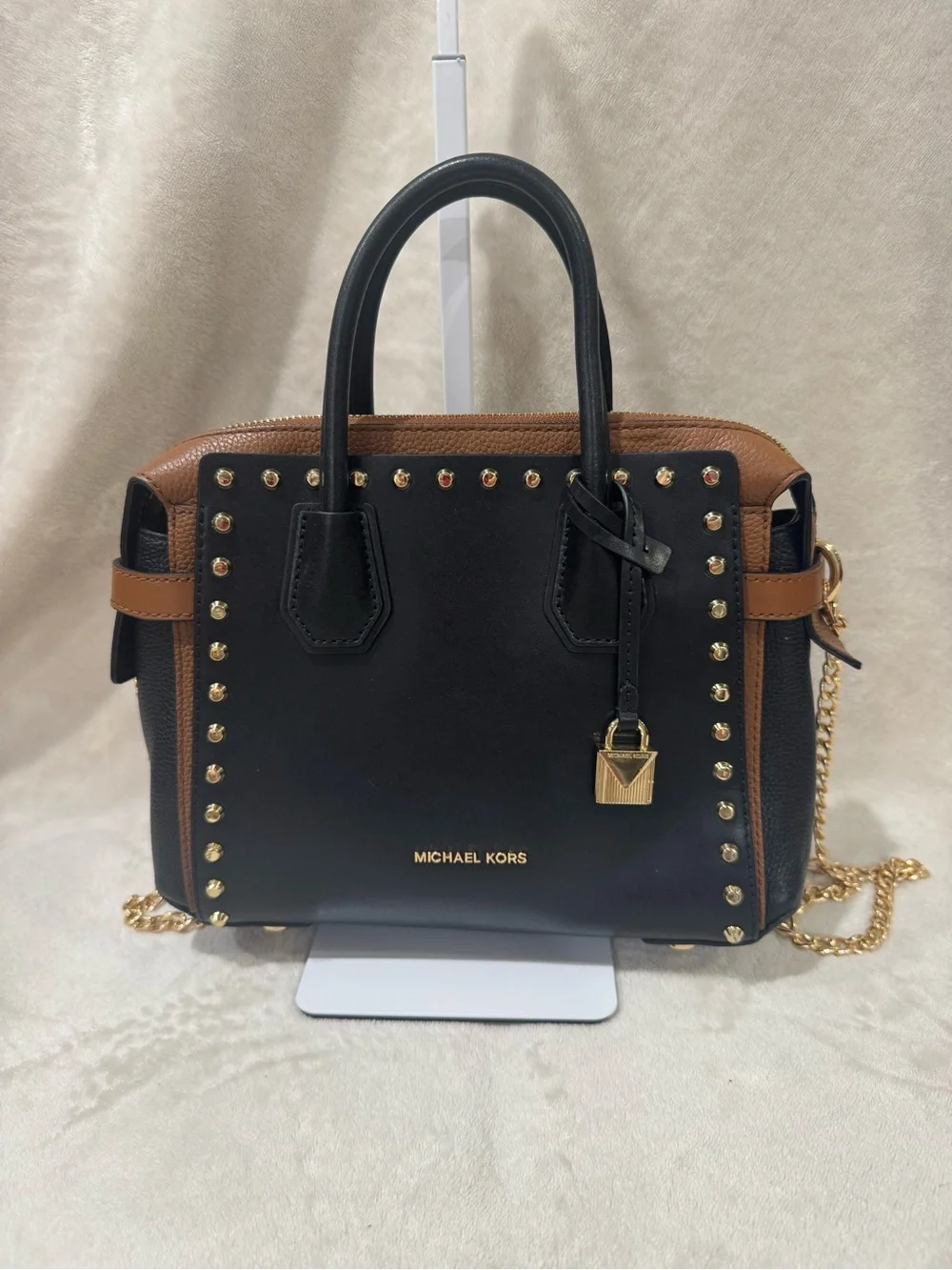 Michael Kors Mercer Studded Leather Satchel with Gold Hardware